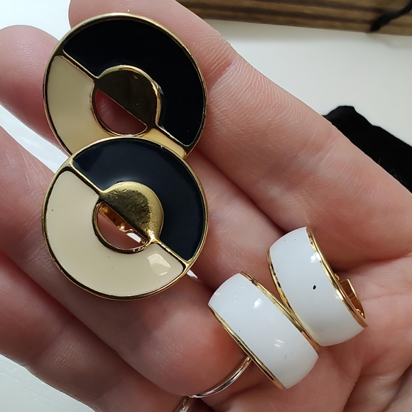 Vintage MONET Gold tone Enamel Clip-on Earrings 2 Pair Lot Bundle - Picture 6 of 8